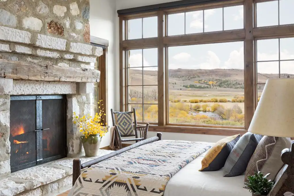 Rancho Feliz bedroom with fireplace